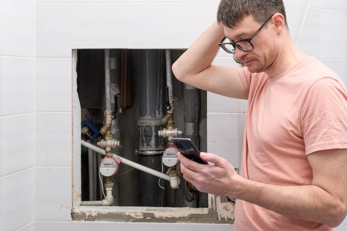 Homeowner checking plumbing pipes and water meters inside wall while troubleshooting why hot water runs out in the house